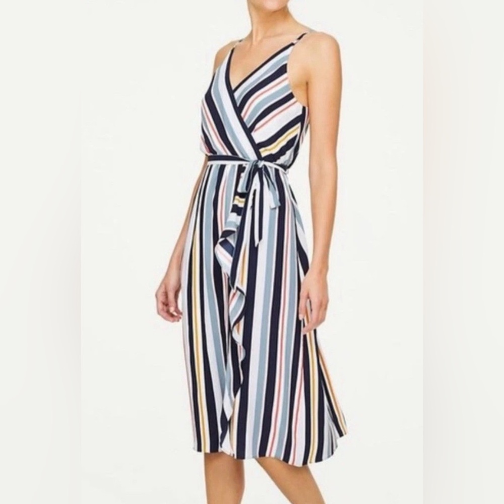 NEW LOFT Outlet Dress Multicolor Striped Sleeveles Belted XS V-Neck